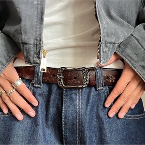 y2k style brown american western floral design belt